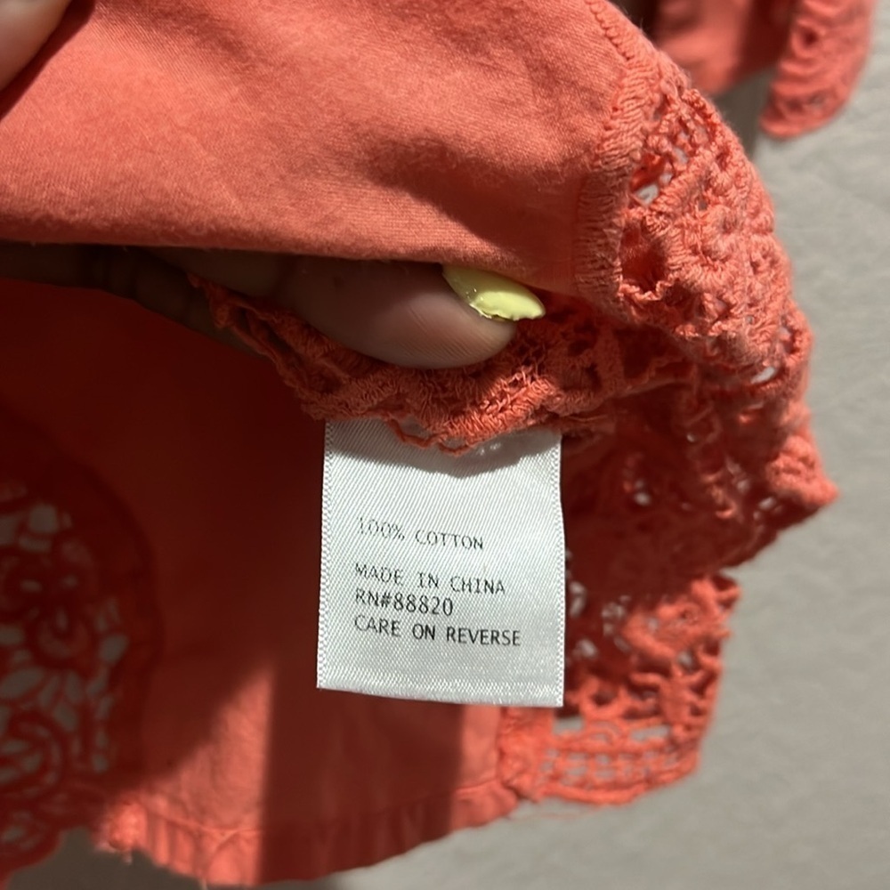 Saint Tropez West Cotton Lace blouse top long sleeve coral pink M Vacay Casual - Picture 12 of 14